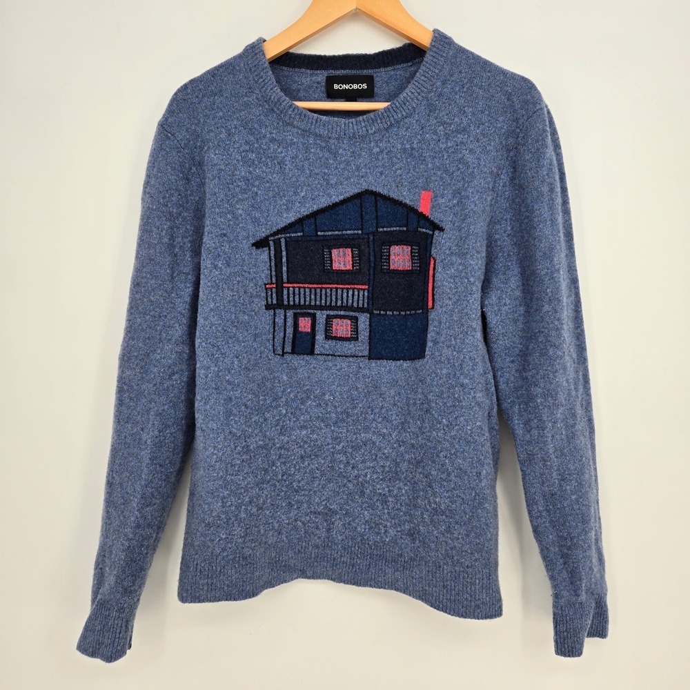 100% Extra Fine Merino Wool Bonobos House Sweater Mens L Architecture Blue Red